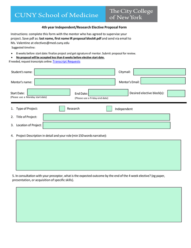 4th Year IndependentResearch Elective Proposal Form screenshot