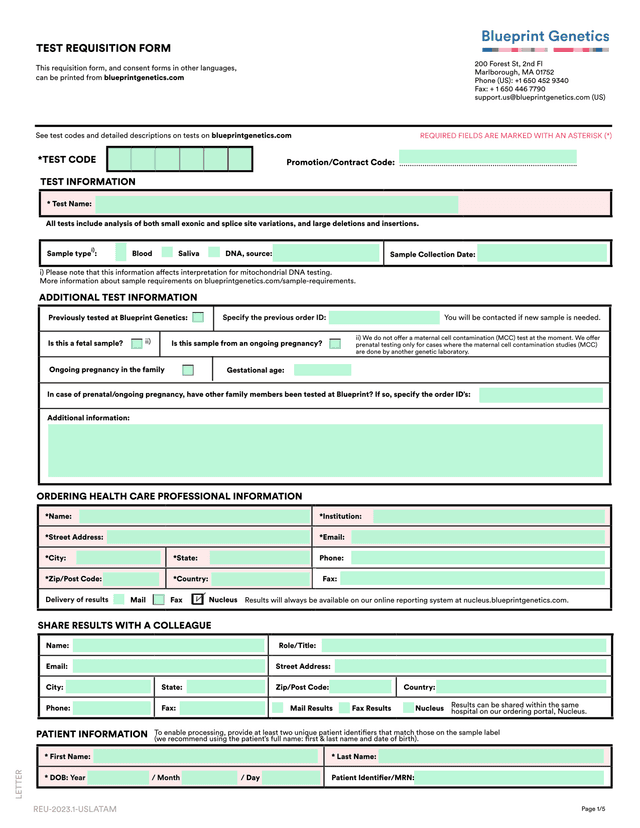 TEST REQUISITION FORM screenshot
