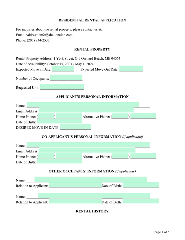 RESIDENTIAL RENTAL APPLICATION screenshot