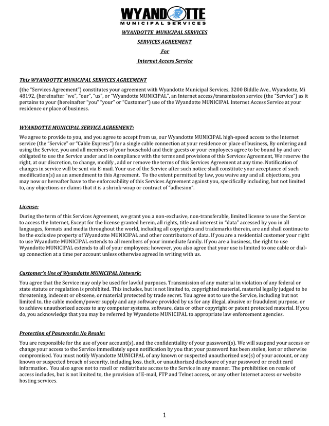 Wyandotte Municipal Services Agreement For Internet Access Service screenshot