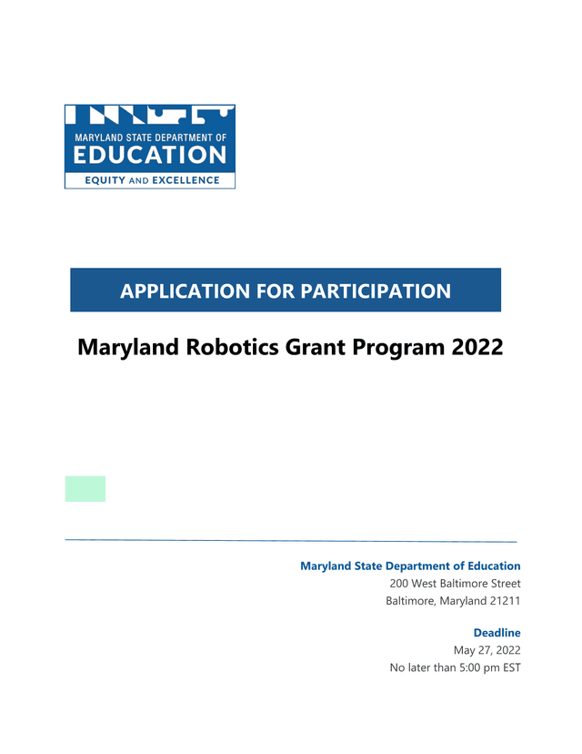 Maryland Robotics Grant Program 2022 screenshot
