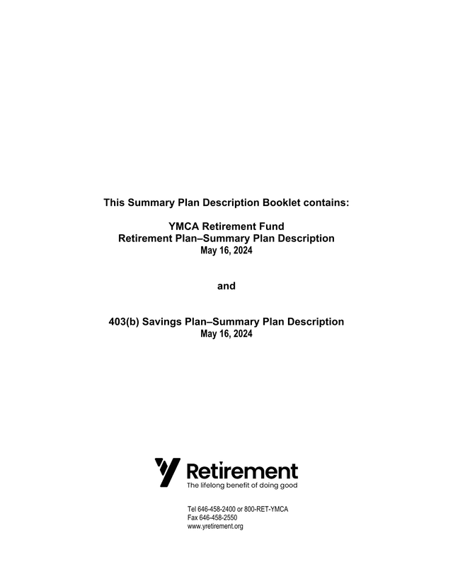 YMCA Retirement Fund Summary Plan Description Booklet screenshot