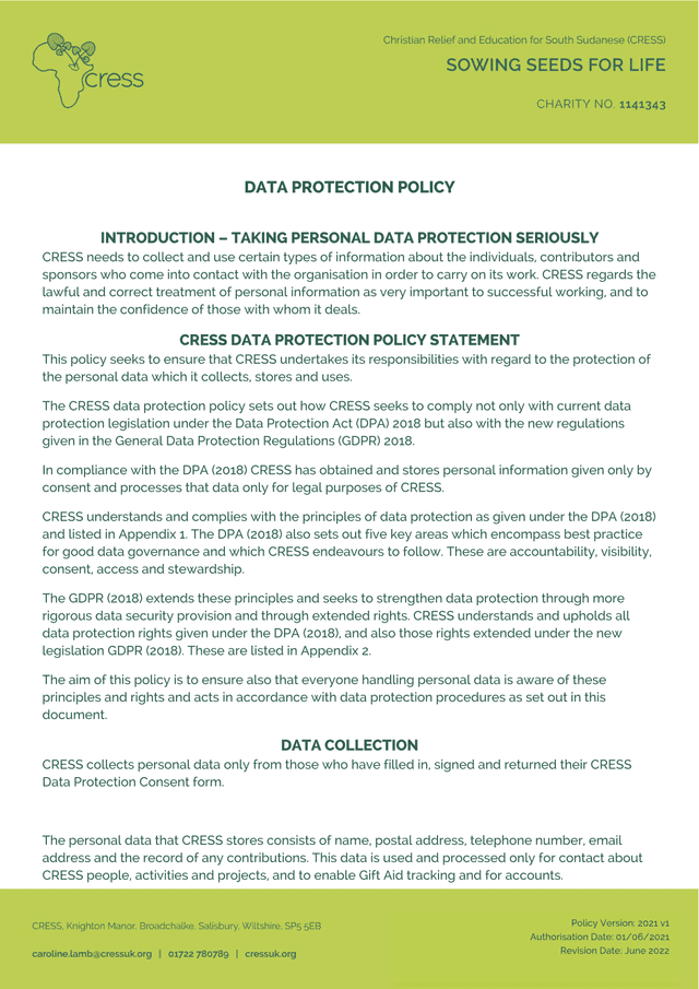 Data Protection Policy screenshot