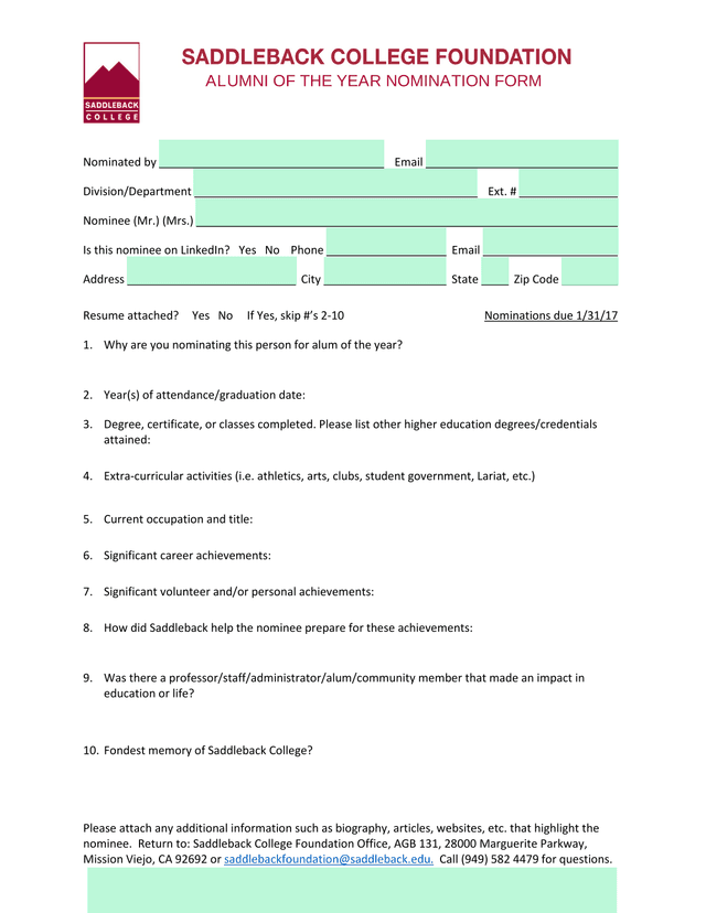Alumni Of The Year Nomination Form screenshot