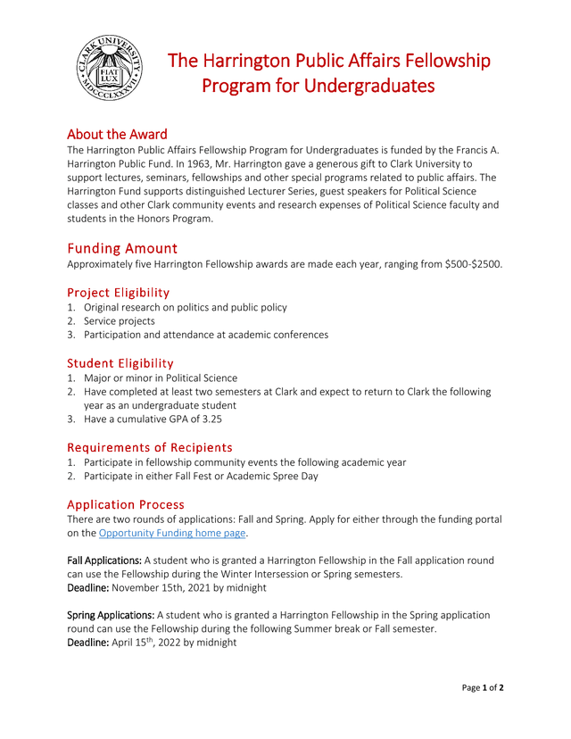 The Harrington Public Affairs Fellowship Program For Undergraduates screenshot