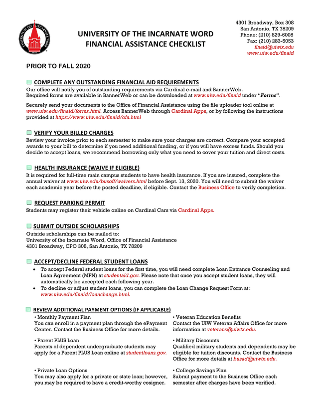 UNIVERSITY OF THE INCARNATE WORD FINANCIAL ASSISTANCE CHECKLIST screenshot