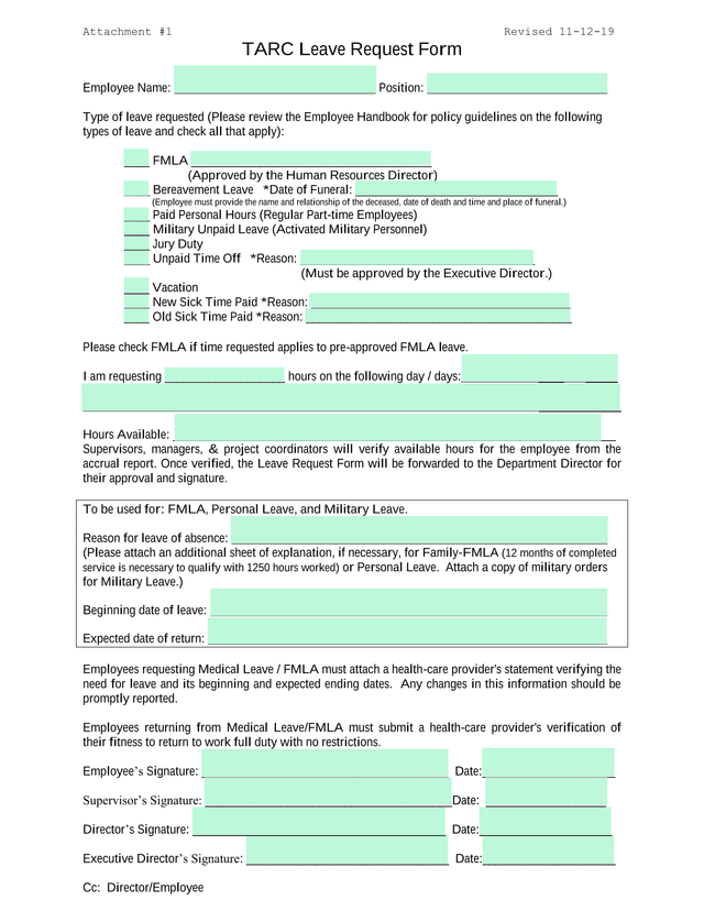 TARC Leave Request Form screenshot