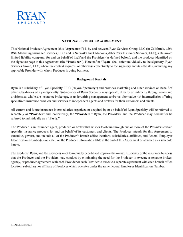 National Producer Agreement screenshot