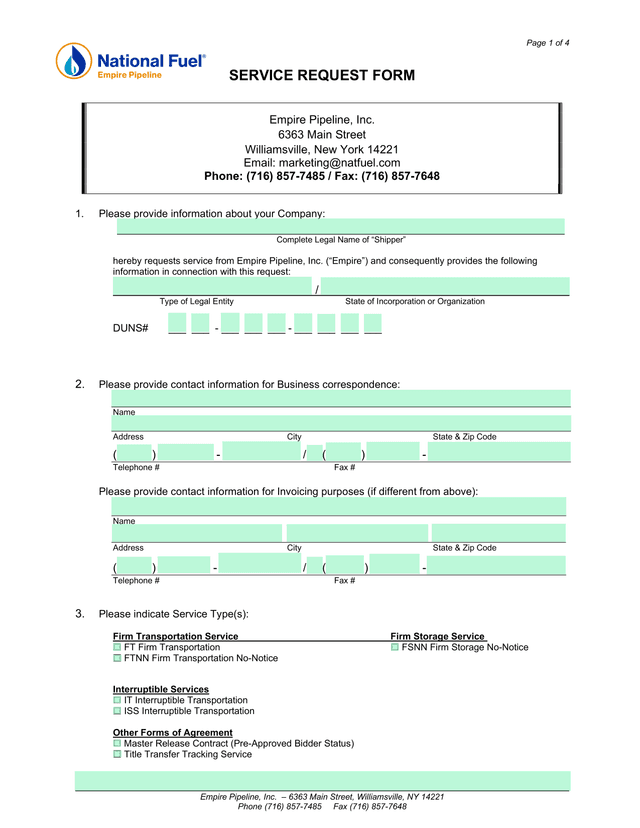 Empire Pipeline, Inc.   Service Request Form screenshot