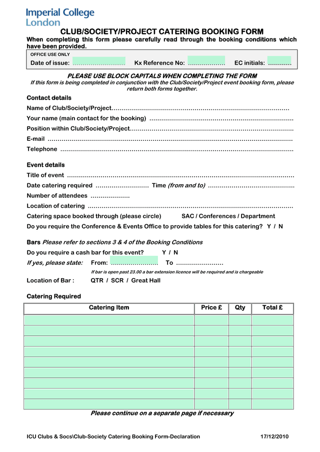 ClubSocietyProject Catering Booking Form screenshot