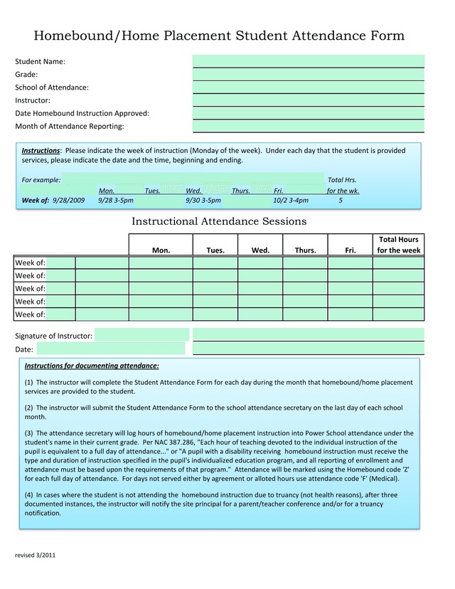 HomeboundHome Placement Student Attendance Form screenshot