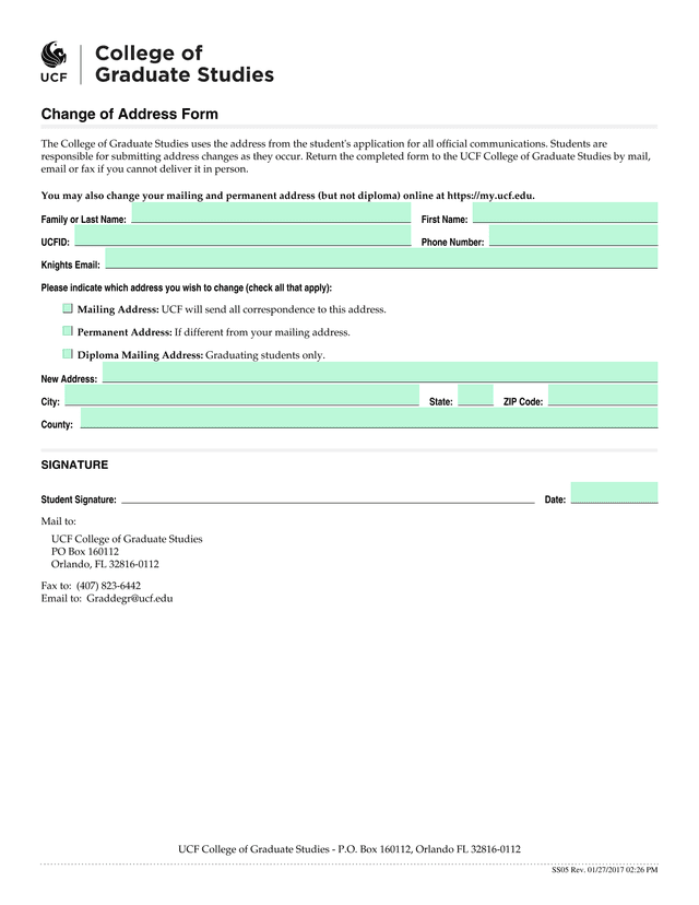 Change Of Address Form screenshot