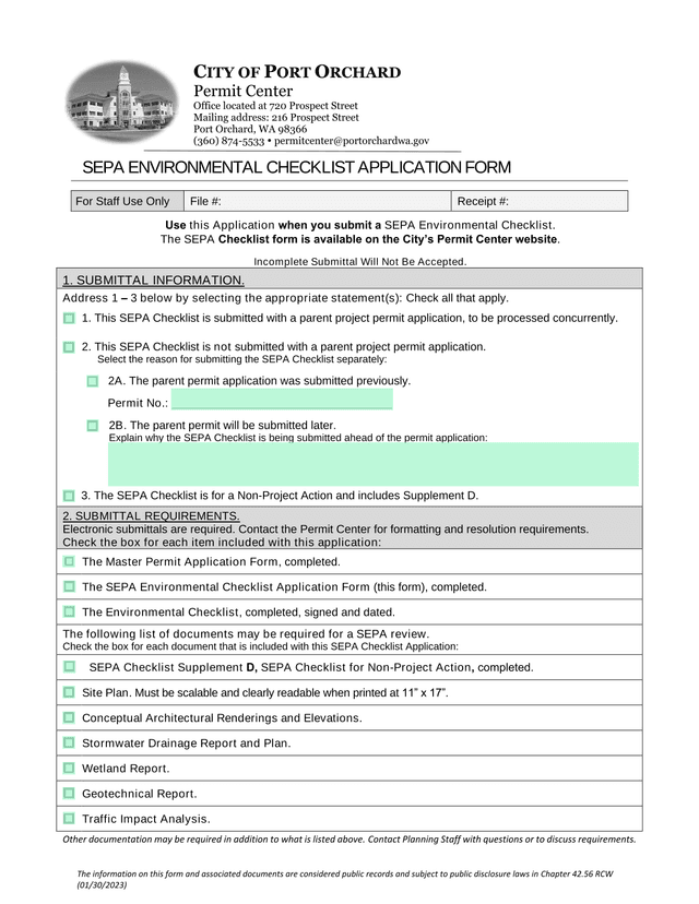 SEPA ENVIRONMENTAL CHECKLIST APPLICATION FORM screenshot