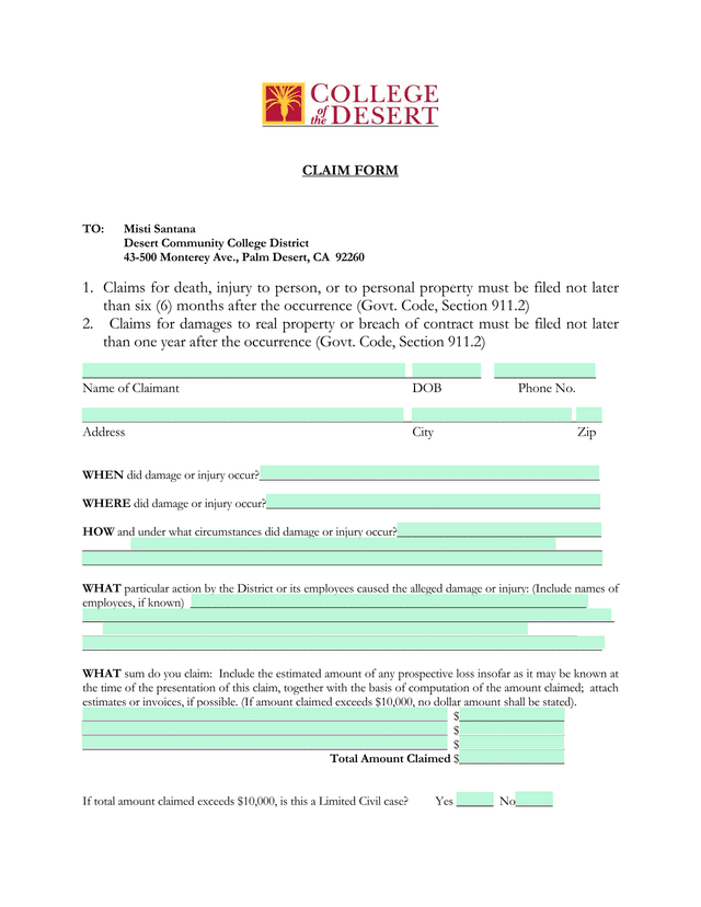 Claim Form screenshot