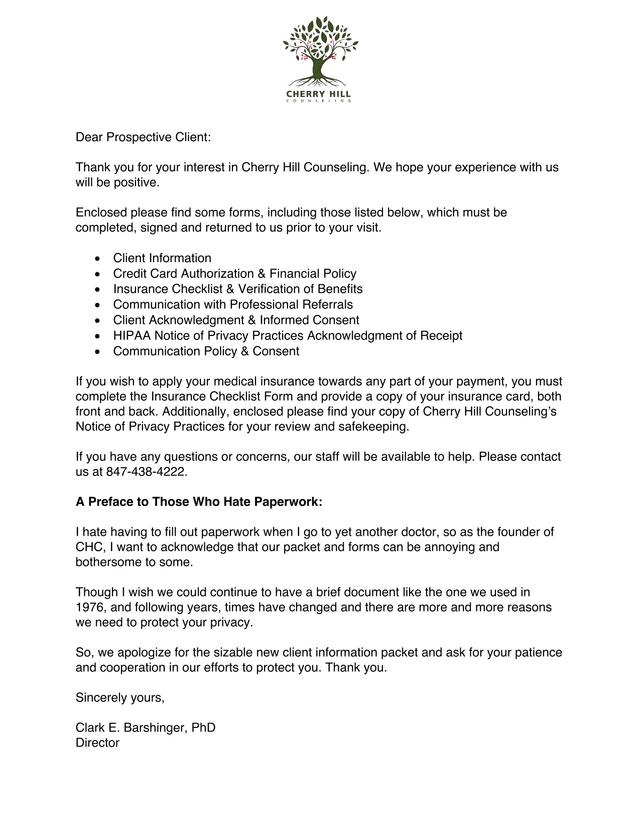 Cherry Hill Counseling New Client Information Packet screenshot