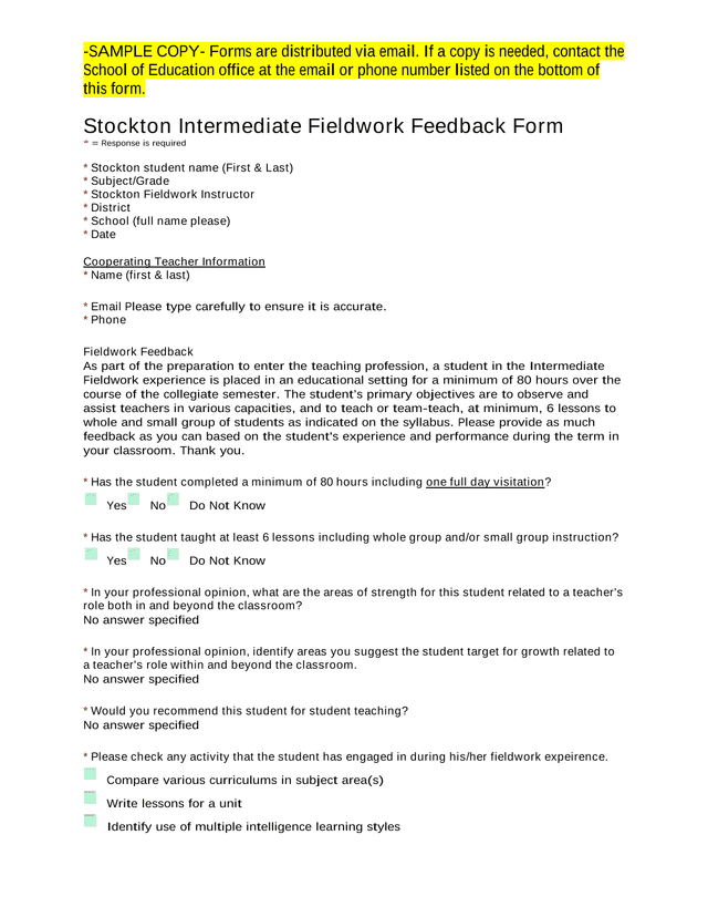 Stockton Intermediate Fieldwork Feedback Form screenshot