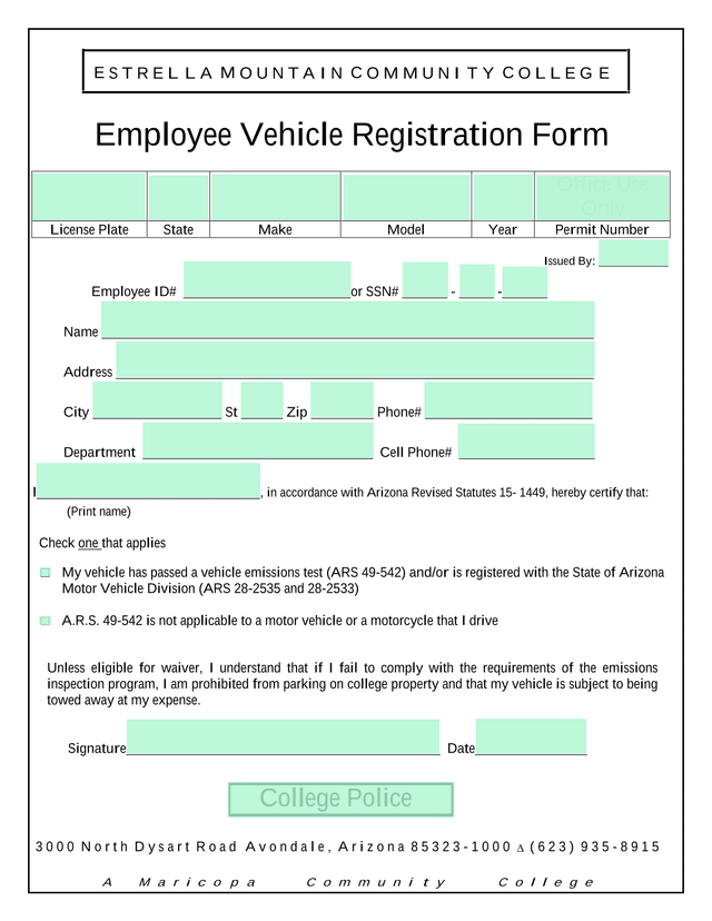 Employee Vehicle Registration Form screenshot