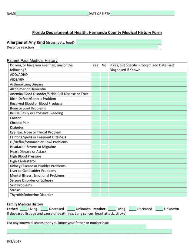 Florida Department Of Health, Hernando County Medical History Form screenshot