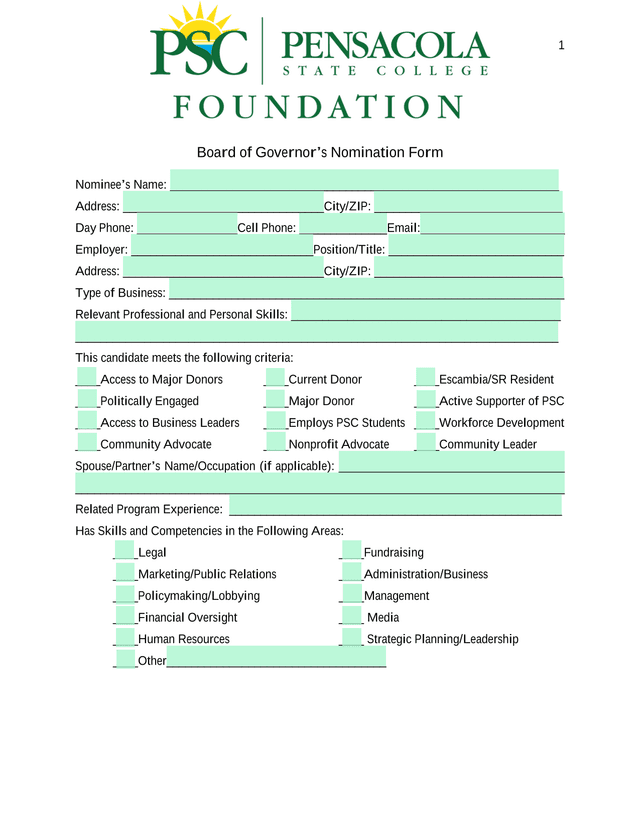 Board Of GovernorS Nomination Form screenshot