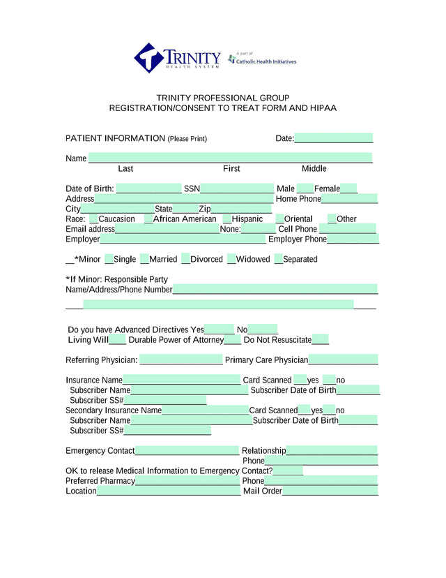 TRINITY PROFESSIONAL GROUP REGISTRATIONCONSENT TO TREAT FORM AND HIPAA screenshot