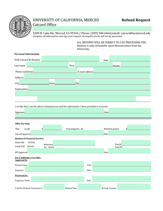 UC Merced Catcard Refund Request screenshot