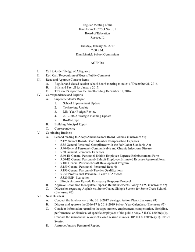 Kinnikinnick CCSD No. 131 Board Of Education Regular Meeting Agenda screenshot