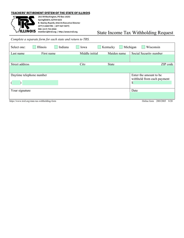 State Income Tax Withholding Request screenshot