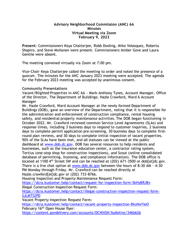 Advisory Neighborhood Commission (ANC) 6A Minutes screenshot