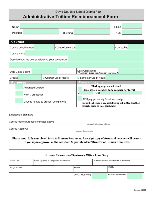 Administrative Tuition Reimbursement Form screenshot