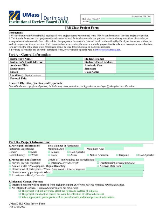 UMassD IRB Class Project Form screenshot