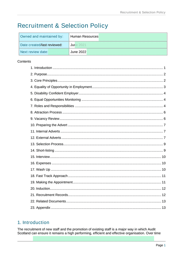 Recruitment  Selection Policy screenshot