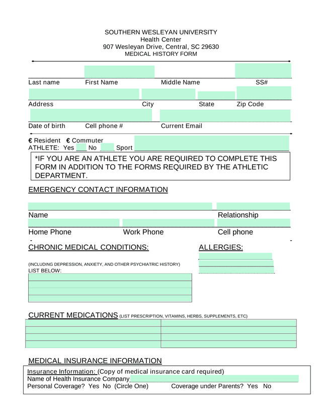 MEDICAL HISTORY FORM screenshot