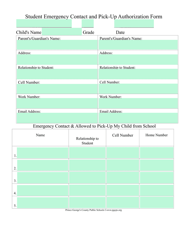 Student Emergency Contact And Pick Up Authorization Form screenshot