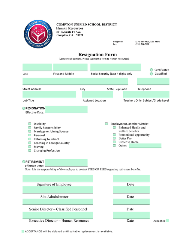 Resignation Form screenshot