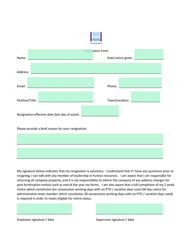 Resignation Form screenshot