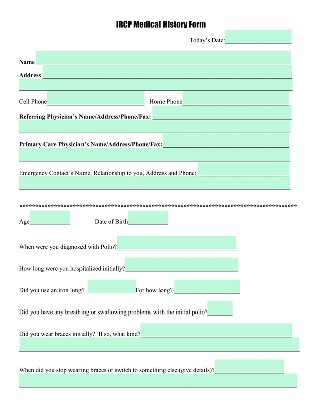 IRCP Medical History Form screenshot