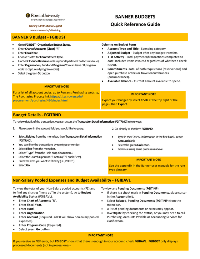 BANNER BUDGETS Quick Reference Guide screenshot