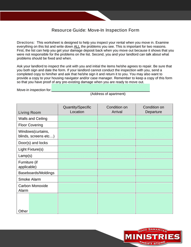 Resource Guide Move In Inspection Form screenshot