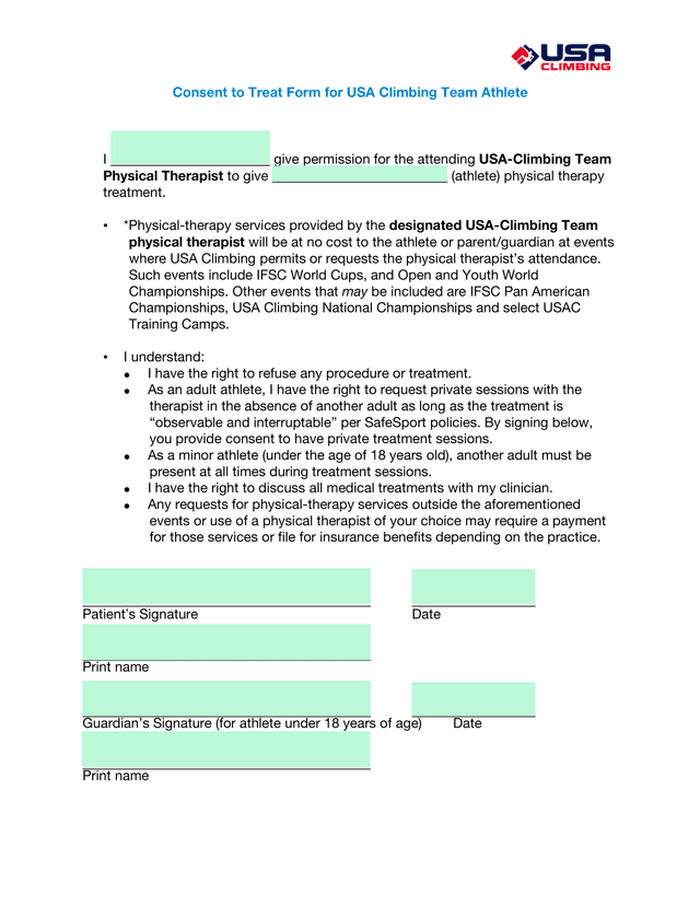 Consent To Treat Form For USA Climbing Team Athlete screenshot