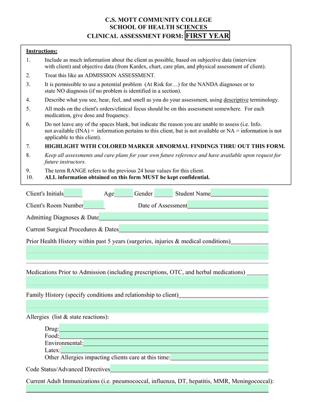 CLINICAL ASSESSMENT FORM FIRST YEAR screenshot