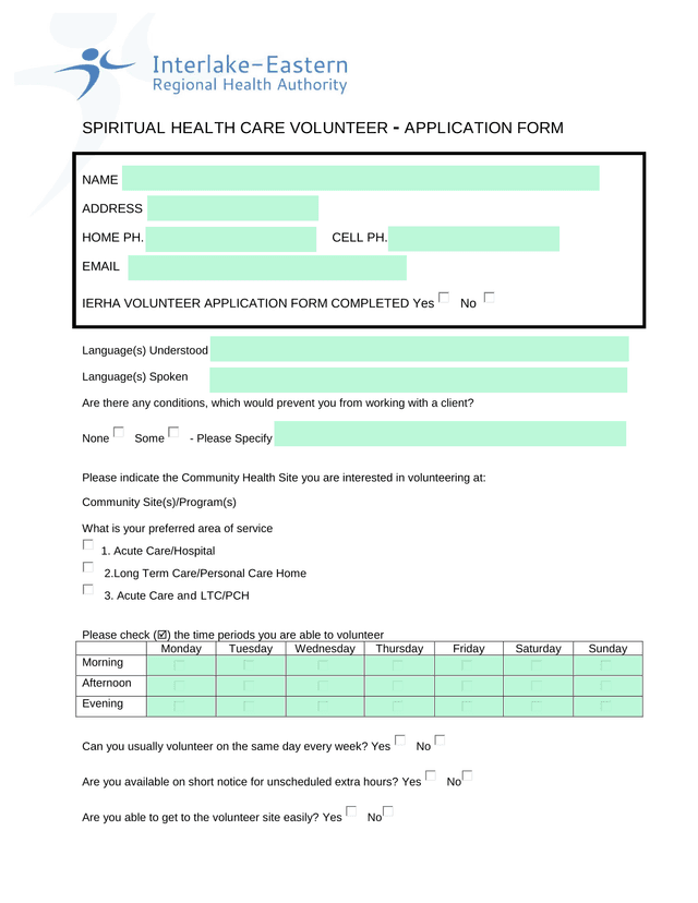 SPIRITUAL HEALTH CARE VOLUNTEER   APPLICATION FORM screenshot