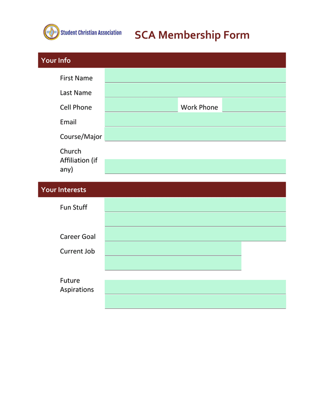 SCA Membership Form screenshot