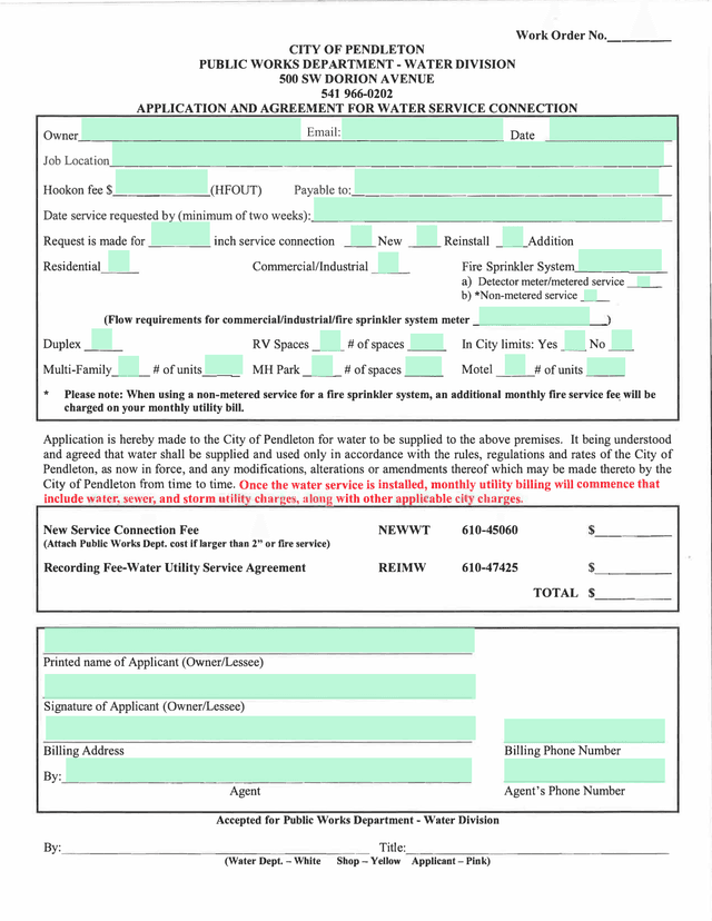 Application And Agreement For Water Service Connection screenshot