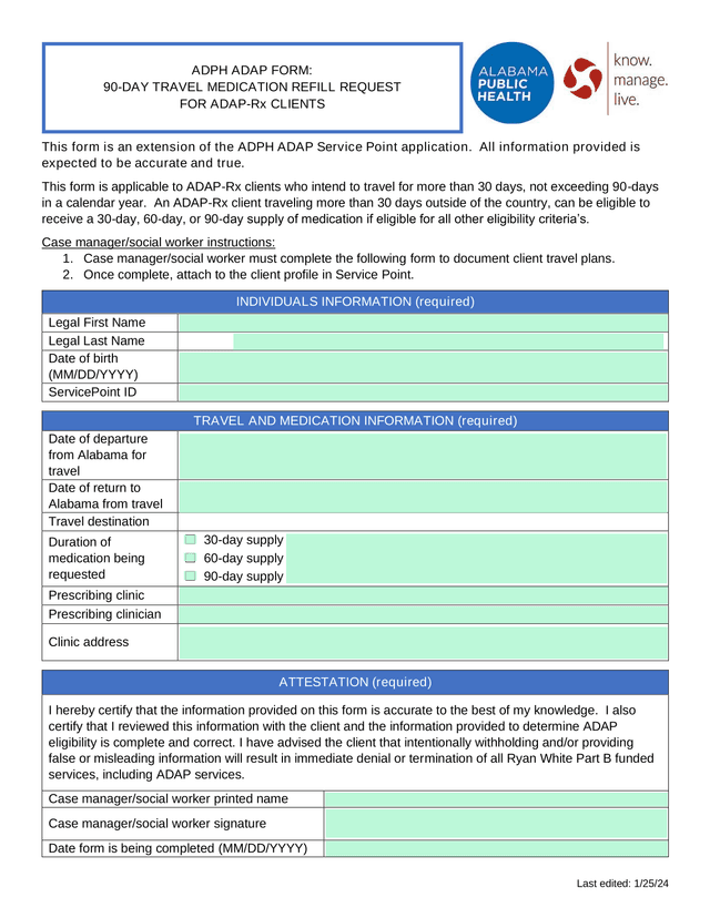 90 DAY TRAVEL MEDICATION REFILL REQUEST FOR ADAP Rx CLIENTS screenshot