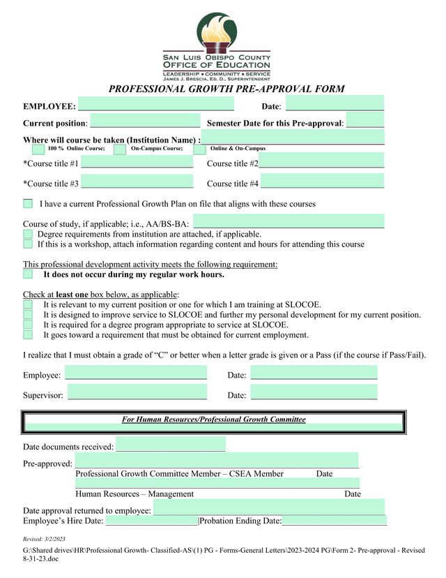 Professional Growth Pre Approval Form screenshot