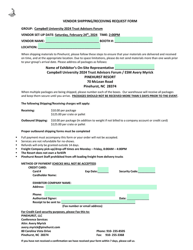 Vendor ShippingReceiving Request Form screenshot