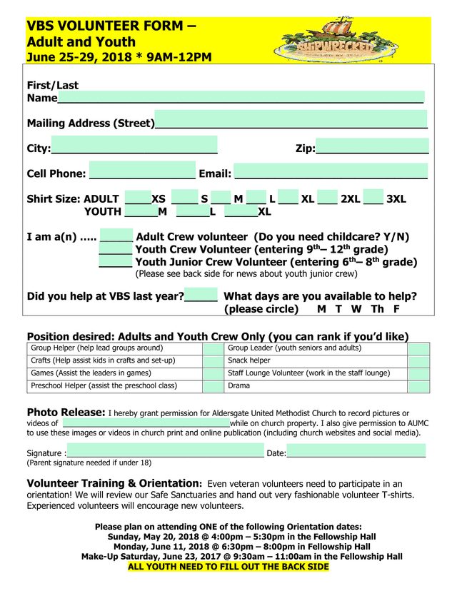 VBS VOLUNTEER FORM  Adult And Youth screenshot