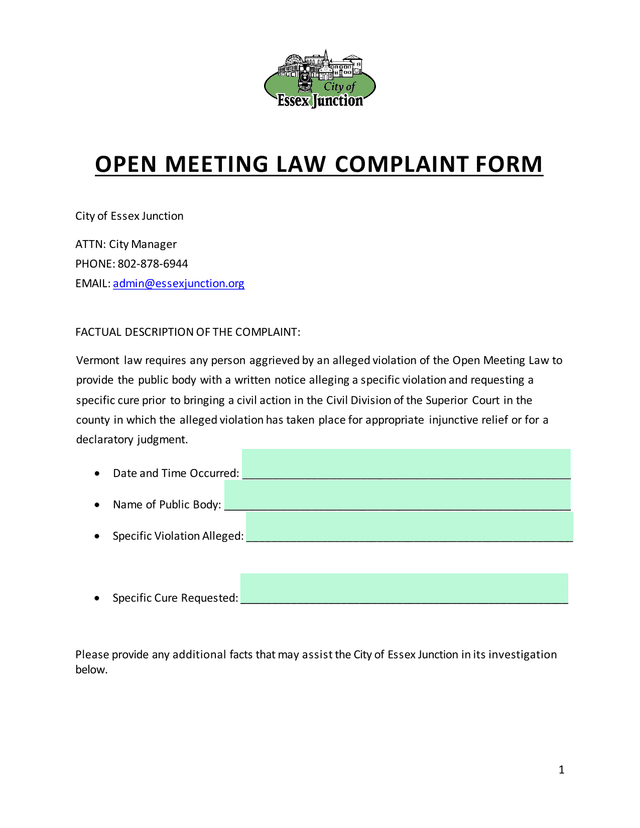 Open Meeting Law Complaint Form screenshot