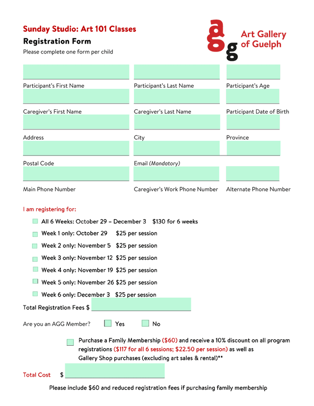 Sunday Studio Art 101 Classes Registration Form screenshot