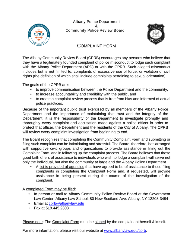 Albany Police Department  Community Police Review Board COMPLAINT FORM screenshot